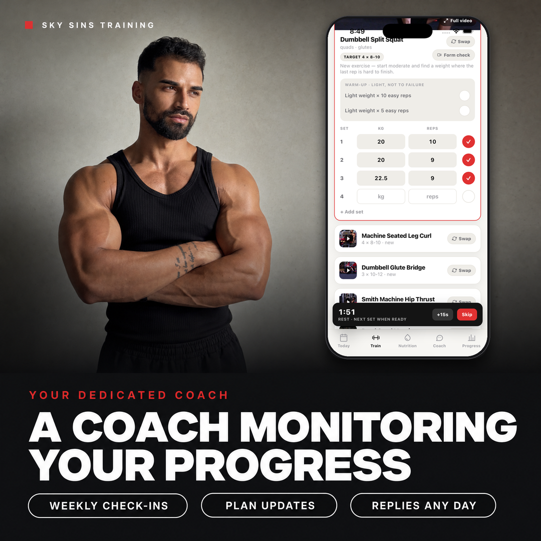 A dedicated coach monitoring your progress - weekly check-ins and plan updates in the app
